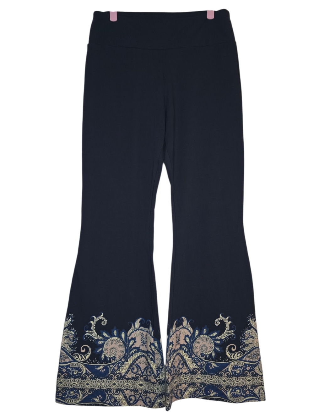 Johnny Was Navy Flare Pants with Cream Paisley Hem